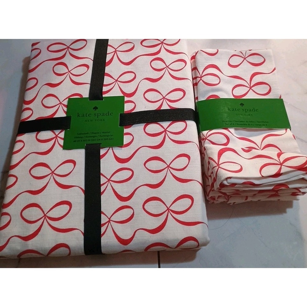 New Kate Spade Tablecloth White w/ Red Bows 60 x 102" Napkins Set Of 6 Valentine
